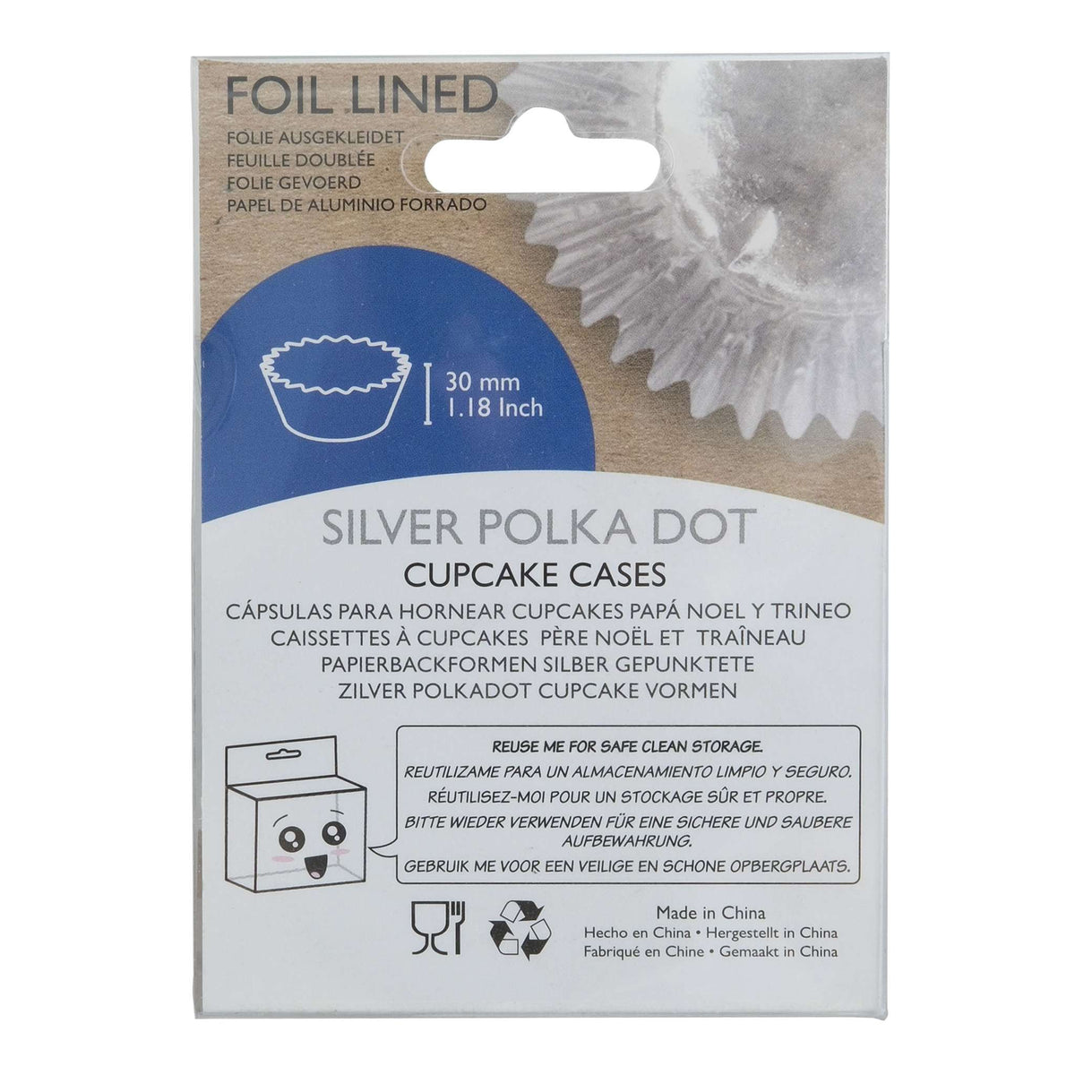 Caissettes à cupcakes doublées de feuille d'aluminium - Pois argentés Pk/30