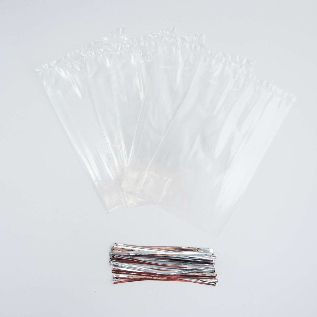 Sacs pour sucettes avec attaches argentées Pk/25 (152 x 95mm / 6 x 3.75")