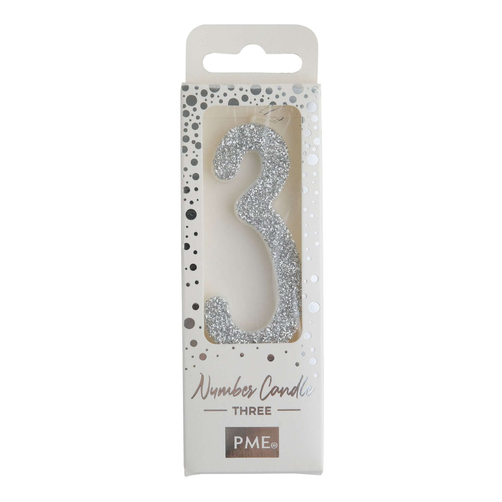 Silver Glitter Number Three Candle
