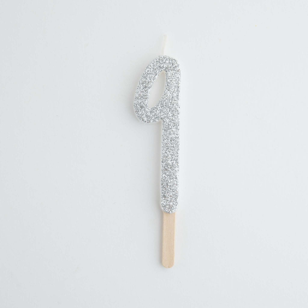 Silver Glitter Number Nine Candle