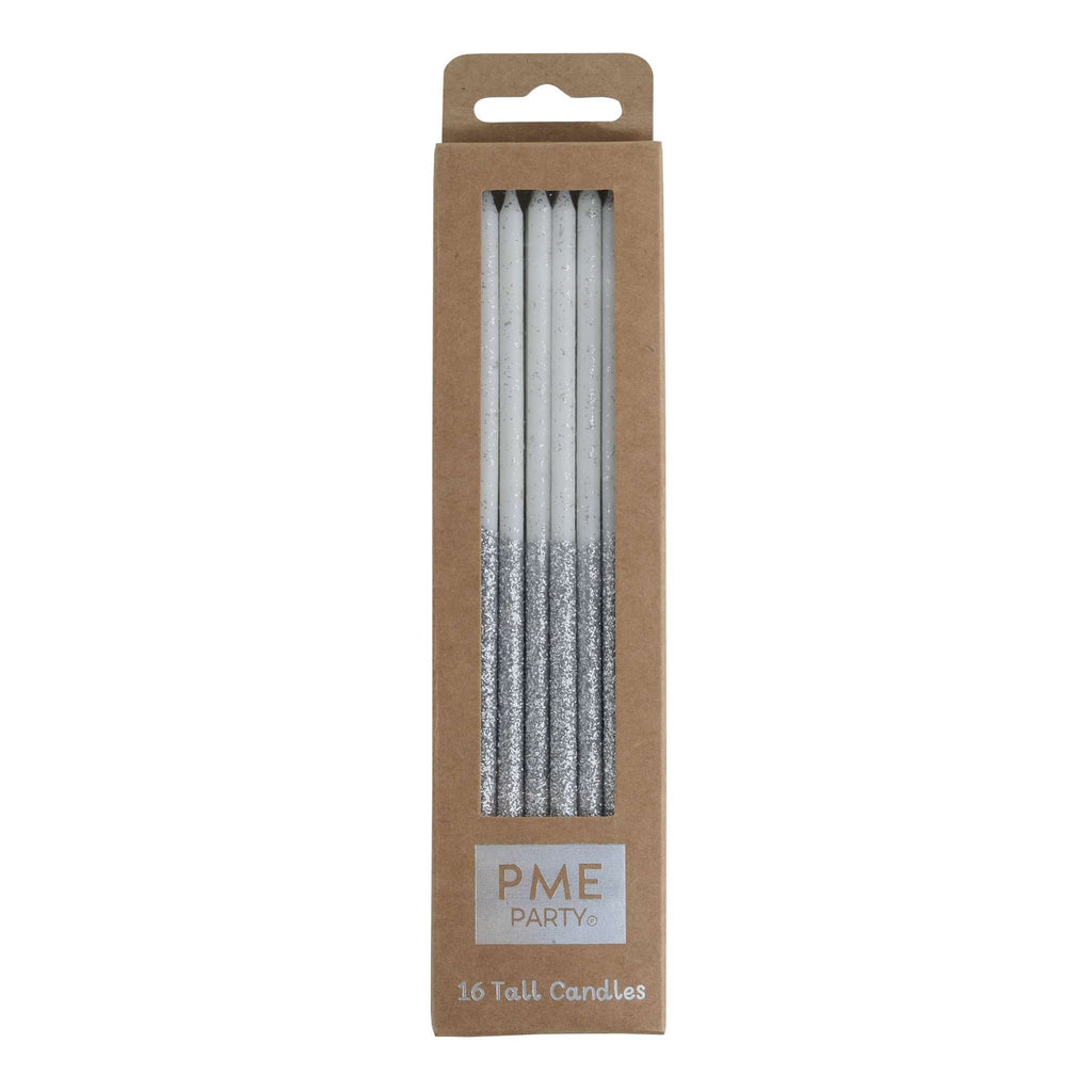 Silver Glitter Tall Candles Set Of 16