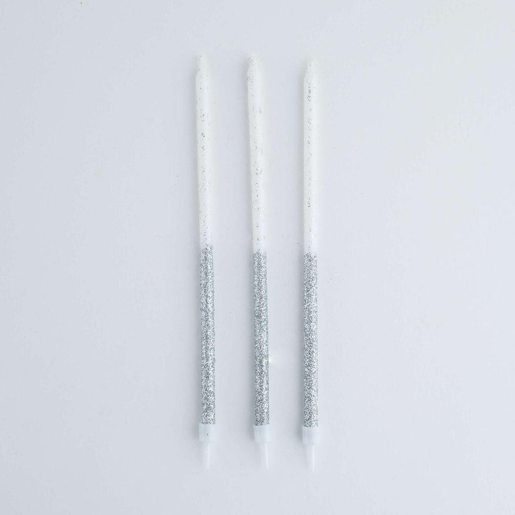 Silver Glitter Tall Candles Set Of 16