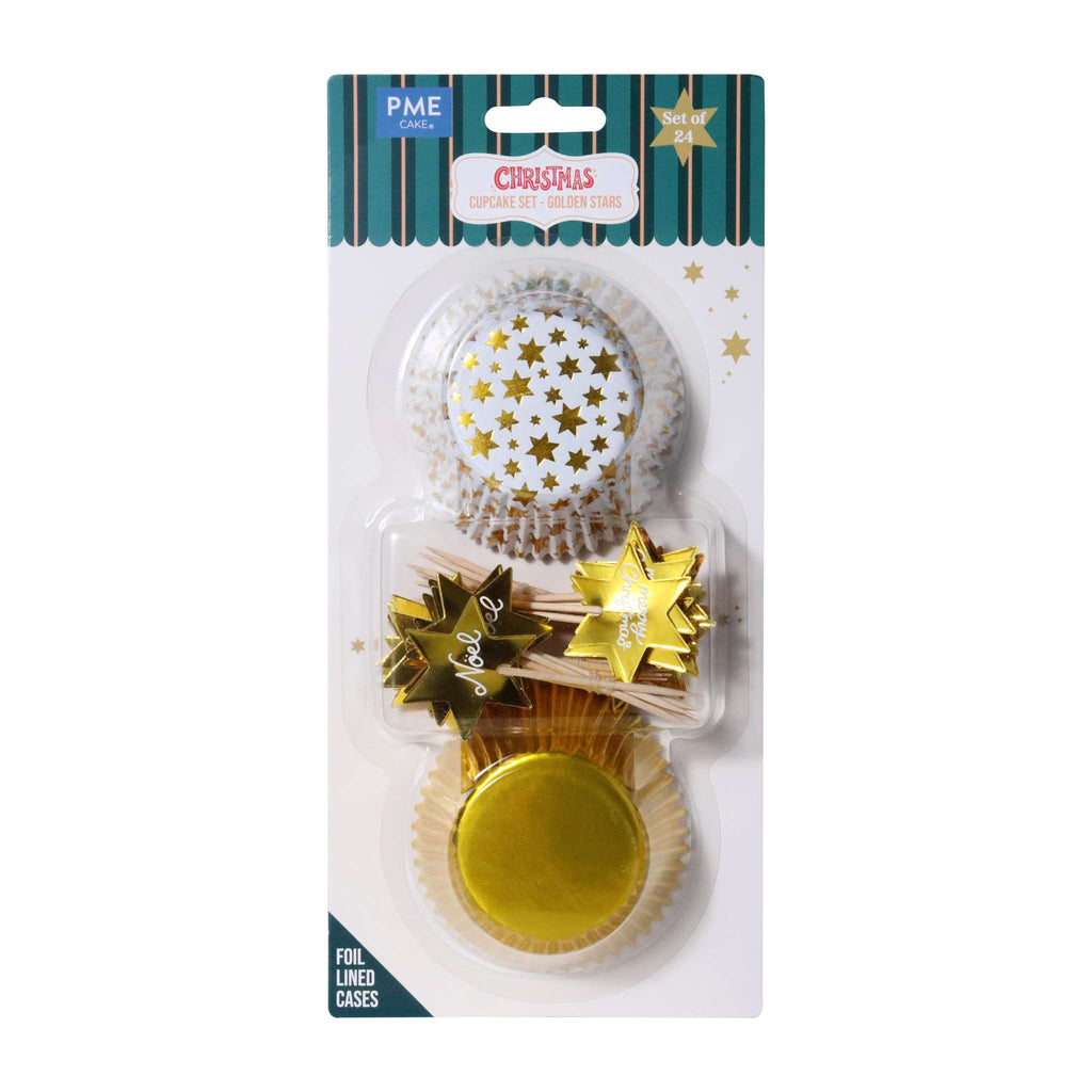 Weihnachtliche Bakförmchen & Cupcake Dekorationensset - Goldene Sterne (24er-Set)