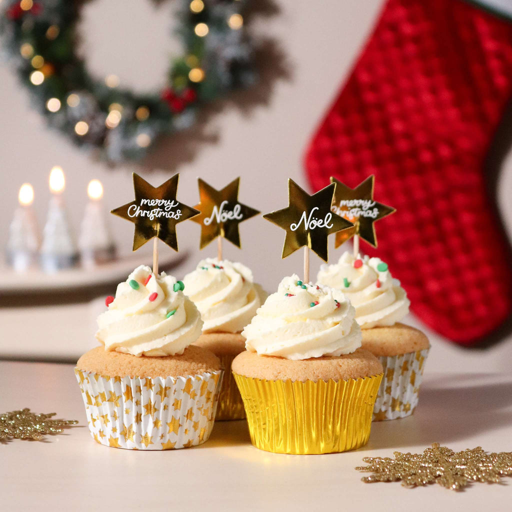 Weihnachtliche Bakförmchen & Cupcake Dekorationensset - Goldene Sterne (24er-Set)
