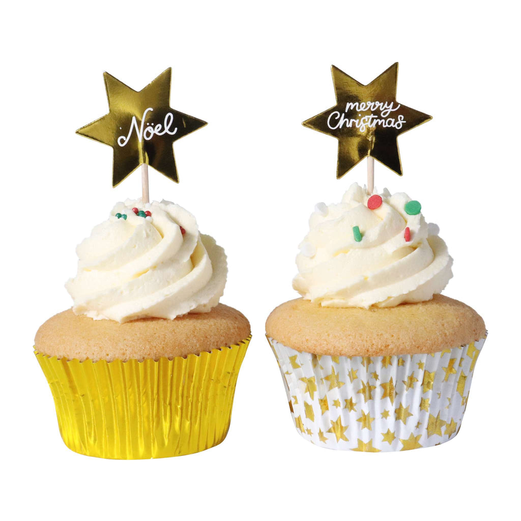 Weihnachtliche Bakförmchen & Cupcake Dekorationensset - Goldene Sterne (24er-Set)