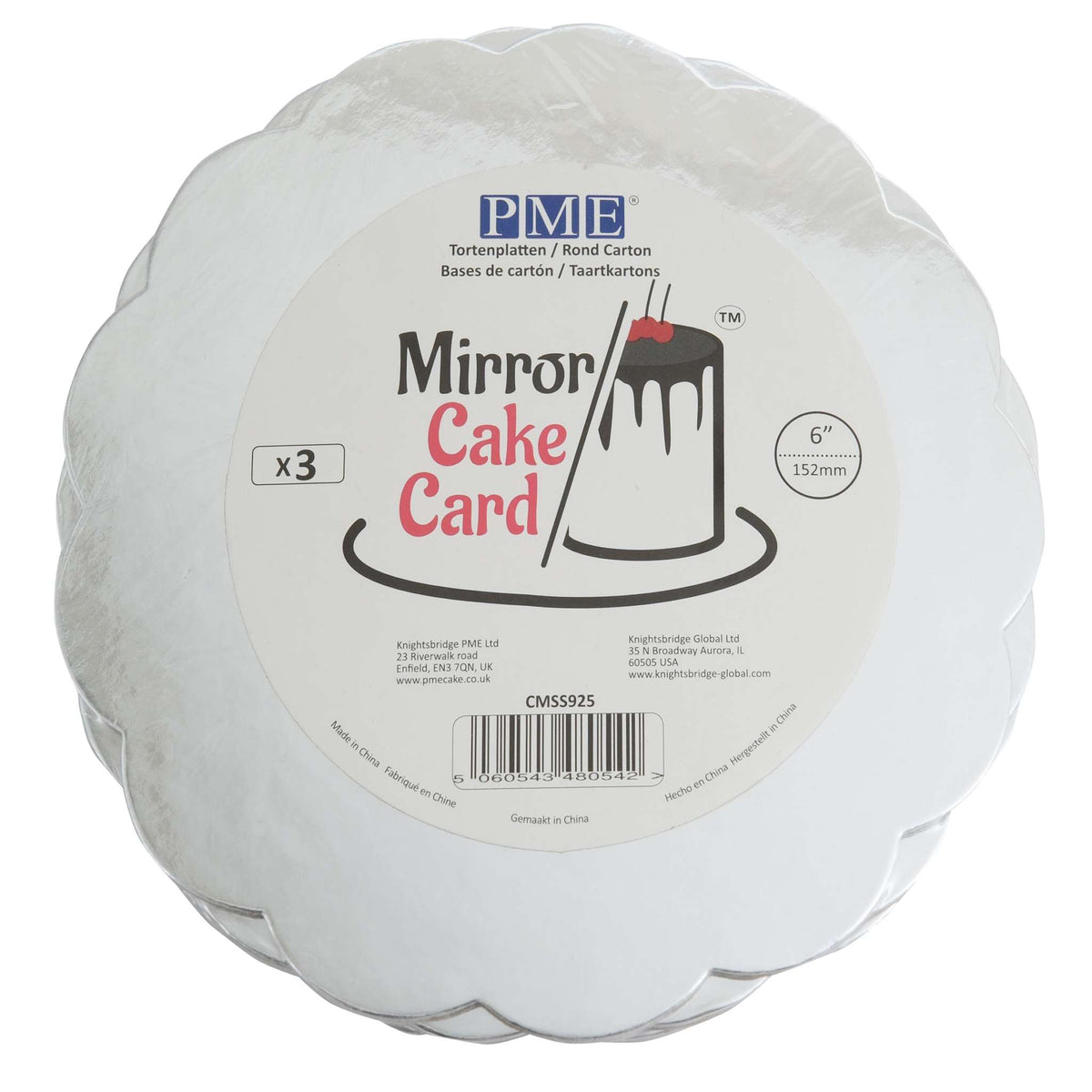 Scallop Edge Silver Mirror Cake Card (6in / 152mm)