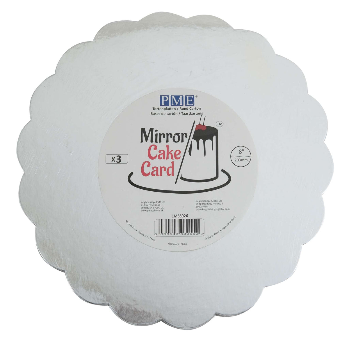 Scallop Edge Silver Mirror Cake Card (8in / 203mm)