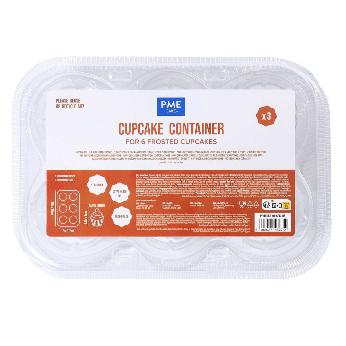 Cupcake Container - 6 Cavity Pk/3  (10 x 7 x 3.5" / 25 x 17 x 9cm)