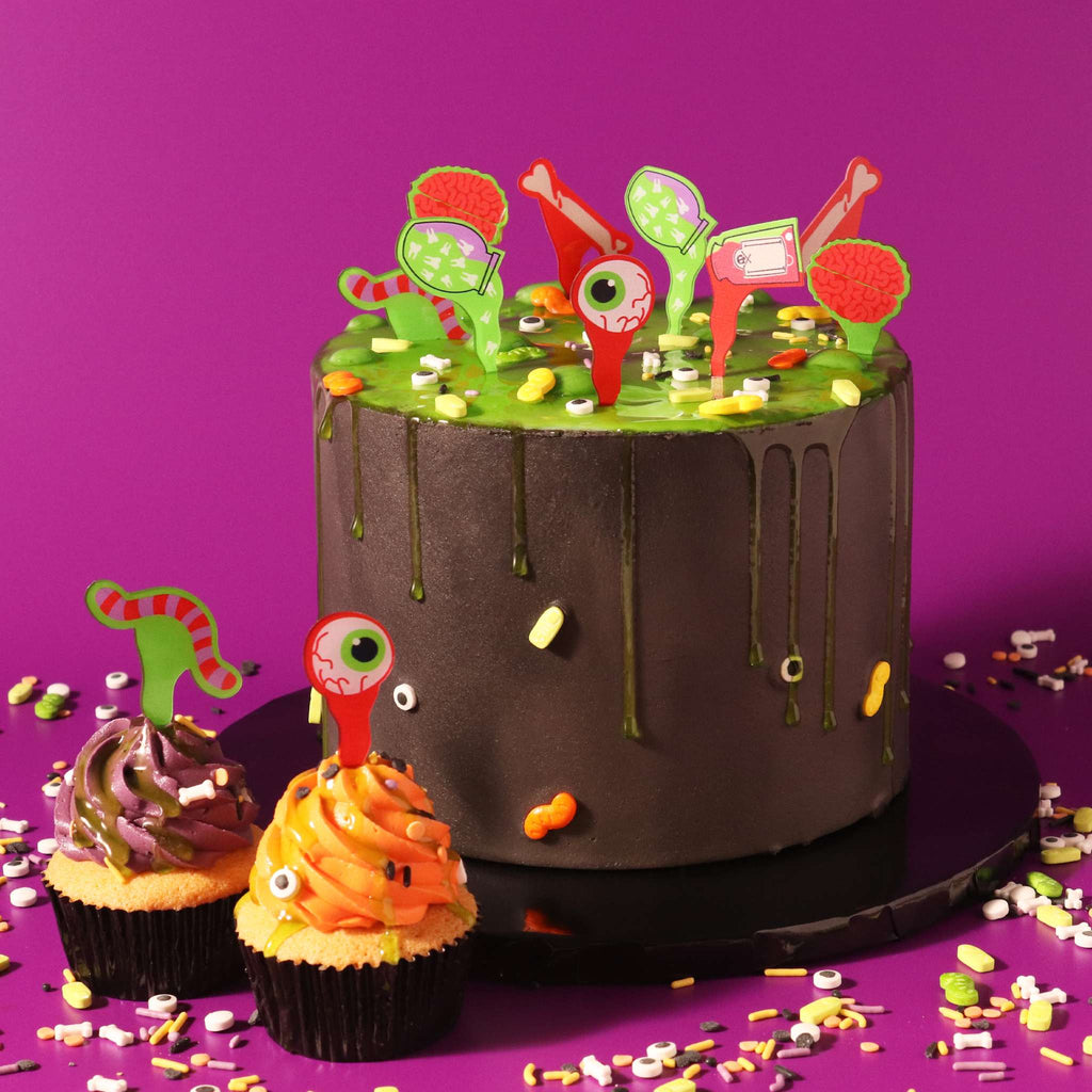 Halloween Kuchendeko Set mit essbarem Schleim - Blubbernder Kessel