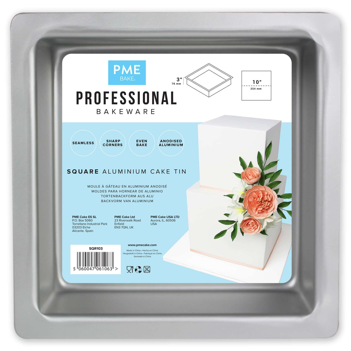 Molde para Pasteles Cuadrado de Aluminio Anodizado PME Profundidad de 10 x 10 x 3-pulgadas