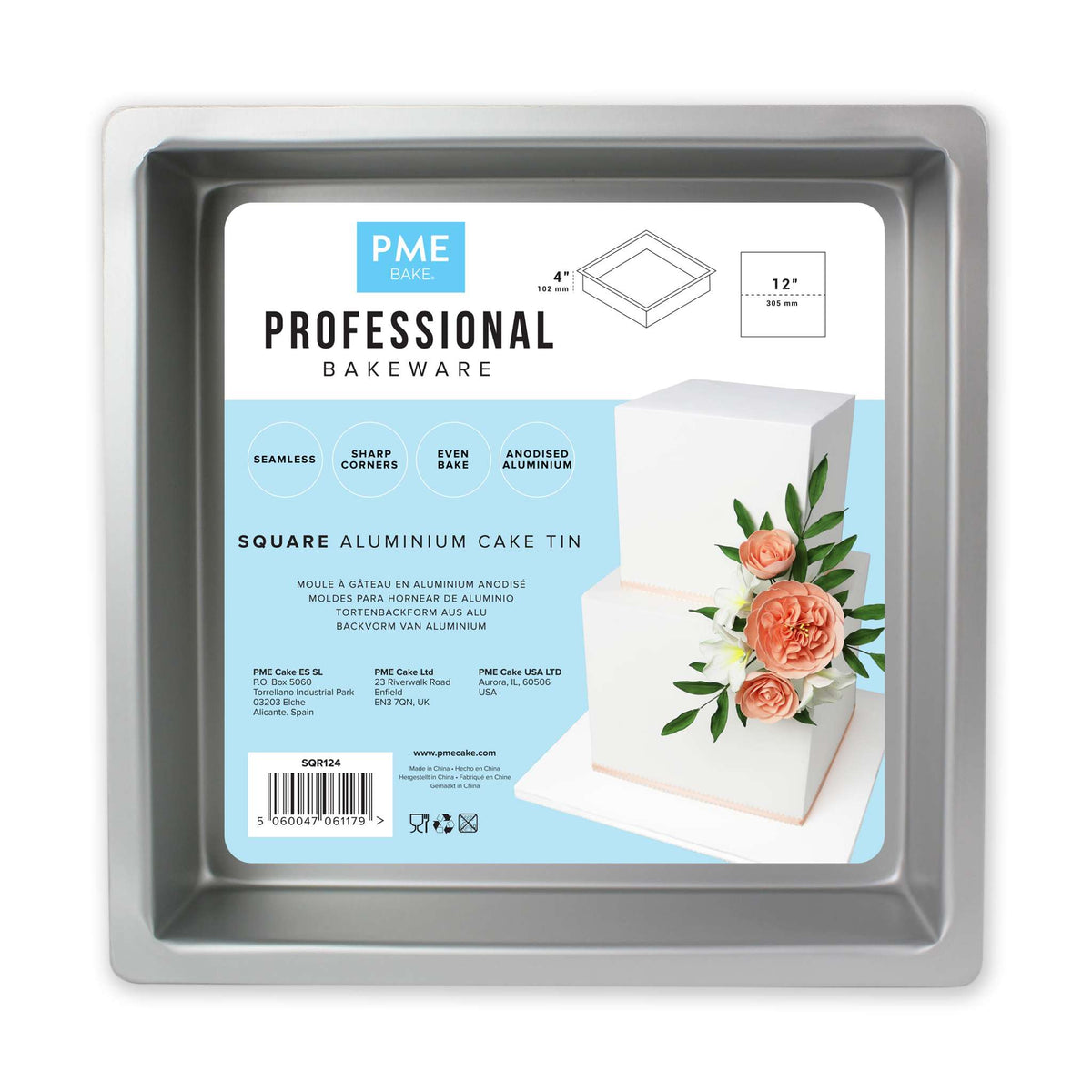 Molde para Pasteles Cuadrado de Aluminio Anodizado PME Profundidad de 12 x 12 x 4-pulgadas