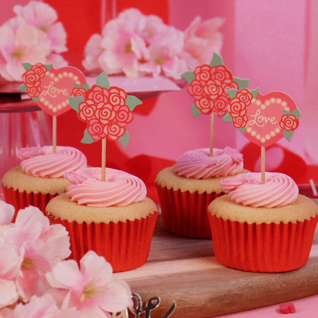 San Valentín Toppers para pasteles - Rosas de Amor (Set de 24)